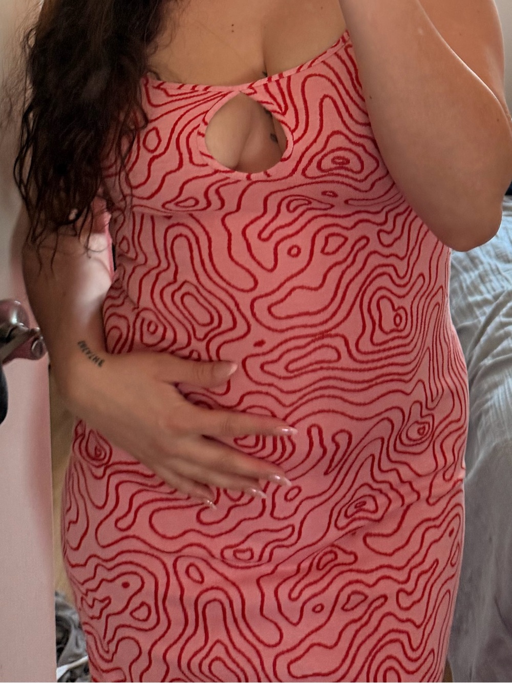 Zara Pink and Red Swirl-Keyhole Maxi Dress